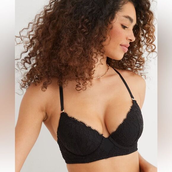 Aerie Show Off Eyelash Lace Plunging Push Up Bra Size 40DD /‎ 40E NEW Balck - Picture 3 of 13